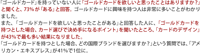  「ゴールドカード」を持っていない人に「ゴールドカードを欲しいと思ったことはありますか？」
と聞くと、73％が「ある」と回答。ゴールドカードに興味を持つ人は非常に多いことがわかりました。
また、「ゴールドカードを欲しいと思ったことがある」と回答した人に、「ゴールドカードを持つとした場合、カード選びで決め手になるポイント」を聞いたところ、「カードのデザイン」が43％で最も多い結果になりました。
 「ゴールドカードを持つとした場合、どの国際ブランドを選びますか？」という質問では、「アメリカン・エキスプレス」が41％で1位に。