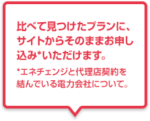 比べて見つけたプランに、サイトからそのままお申し込み*いただけます。*エネチェンジと代理店契約を結んでいる電力会社について。