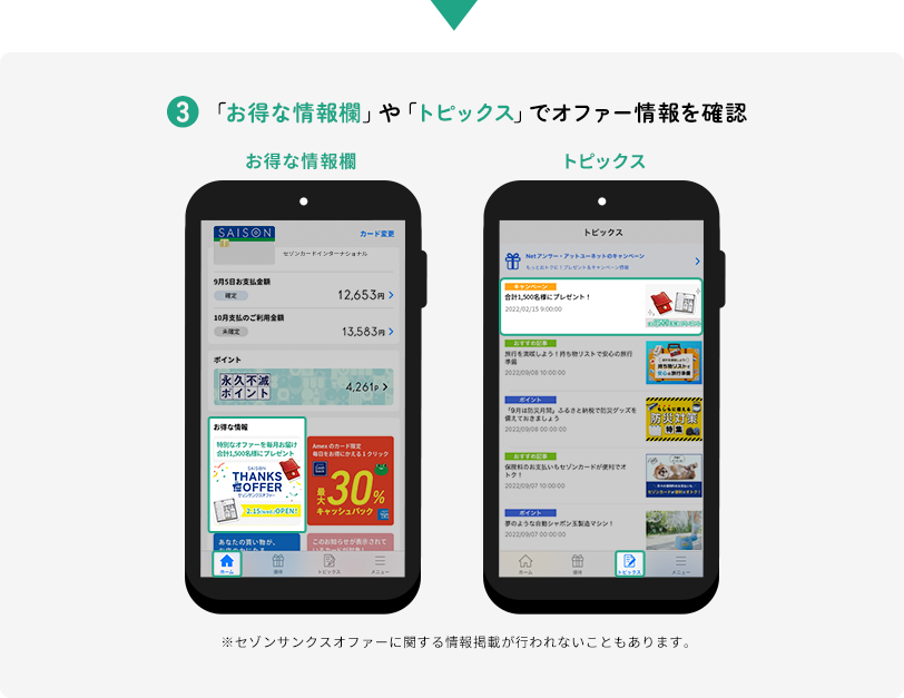 ③「お得な情報欄」や「トピックス」でオファー情報を確認