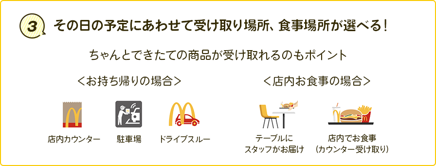 3.その日の予定にあわせて受け取り場所、食事場所が選べる！