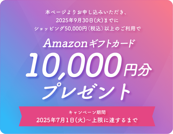 本ページよりお申し込みいただき、2025年9月30日(火)までにショッピング50,000円(税込)以上のご利用でAmazonギフトカード10,000円分プレゼントキャンペーン期間:2025年7月1日(火)~上限に達するまで