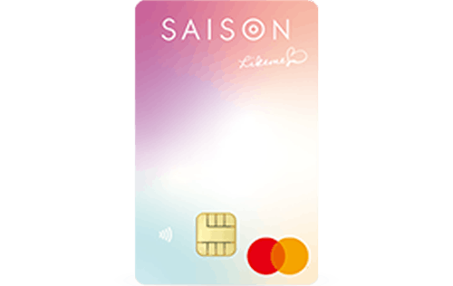 「Likeme by saison card」のカードデザイン。縦型で白地に、左上から時計回りに紫、ピンク、イエロー、水色の丸いグラデーション模様が入っている。カード上部に白色のSAISONのロゴ、その下にLikemeのロゴが記載されている。クレジットカード番号や有効期限の記載はない。