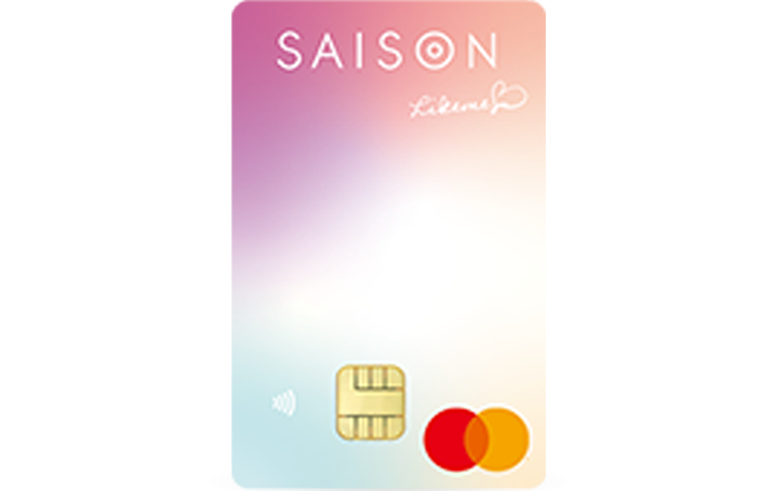 「Likeme by saison card」のカードデザイン。縦型で白地に、左上から時計回りに紫、ピンク、イエロー、水色の丸いグラデーション模様が入っている。カード上部に白色のSAISONのロゴ、その下にLikemeのロゴが記載されている。クレジットカード番号や有効期限の記載はない。