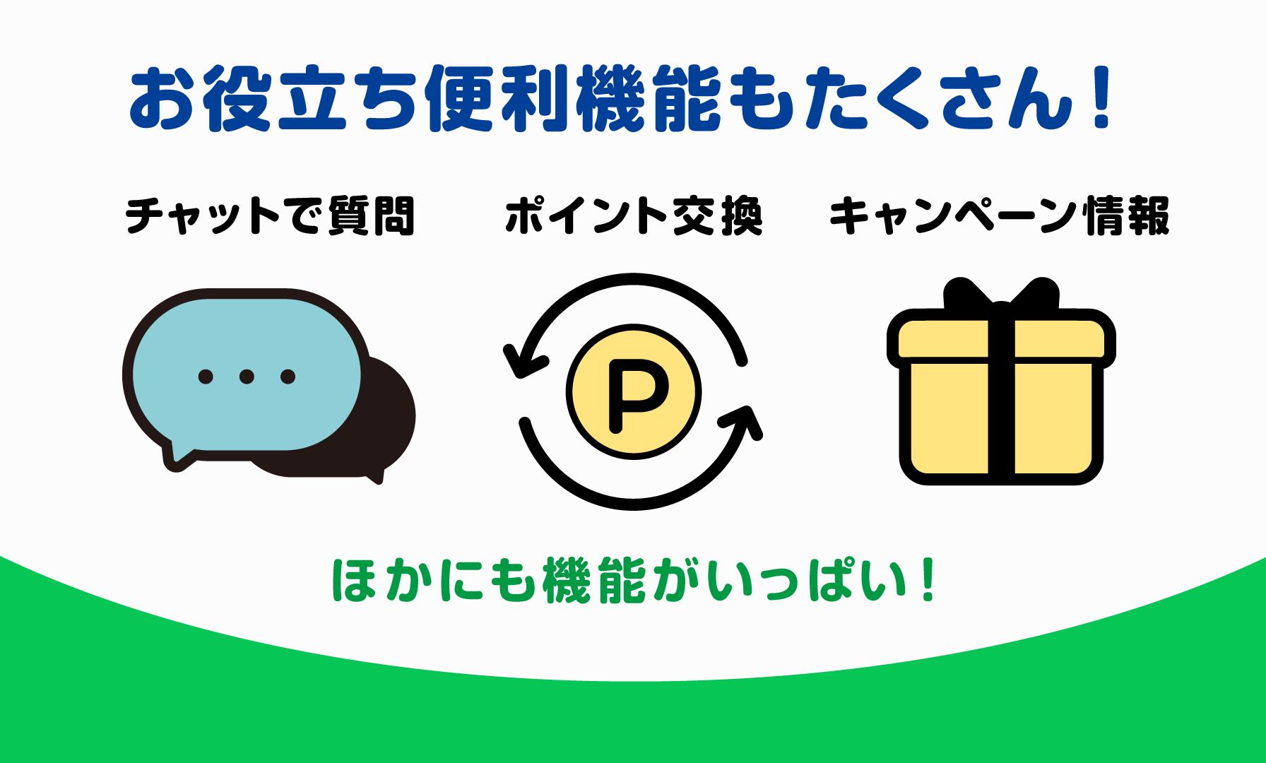 お役立ち便利機能もたくさん!チャットで質問、ポイント交換、キャンペーン情報。ほかにも機能がいっぱい!