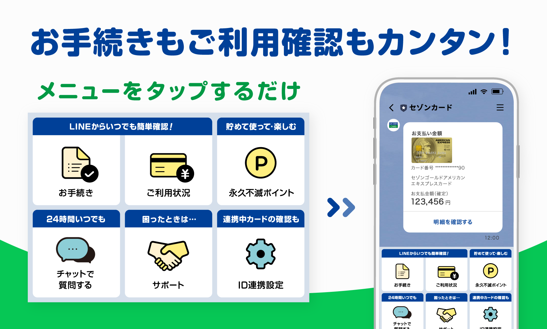 お手続きもご利用確認もカンタン!メニューをタップするだけ!!